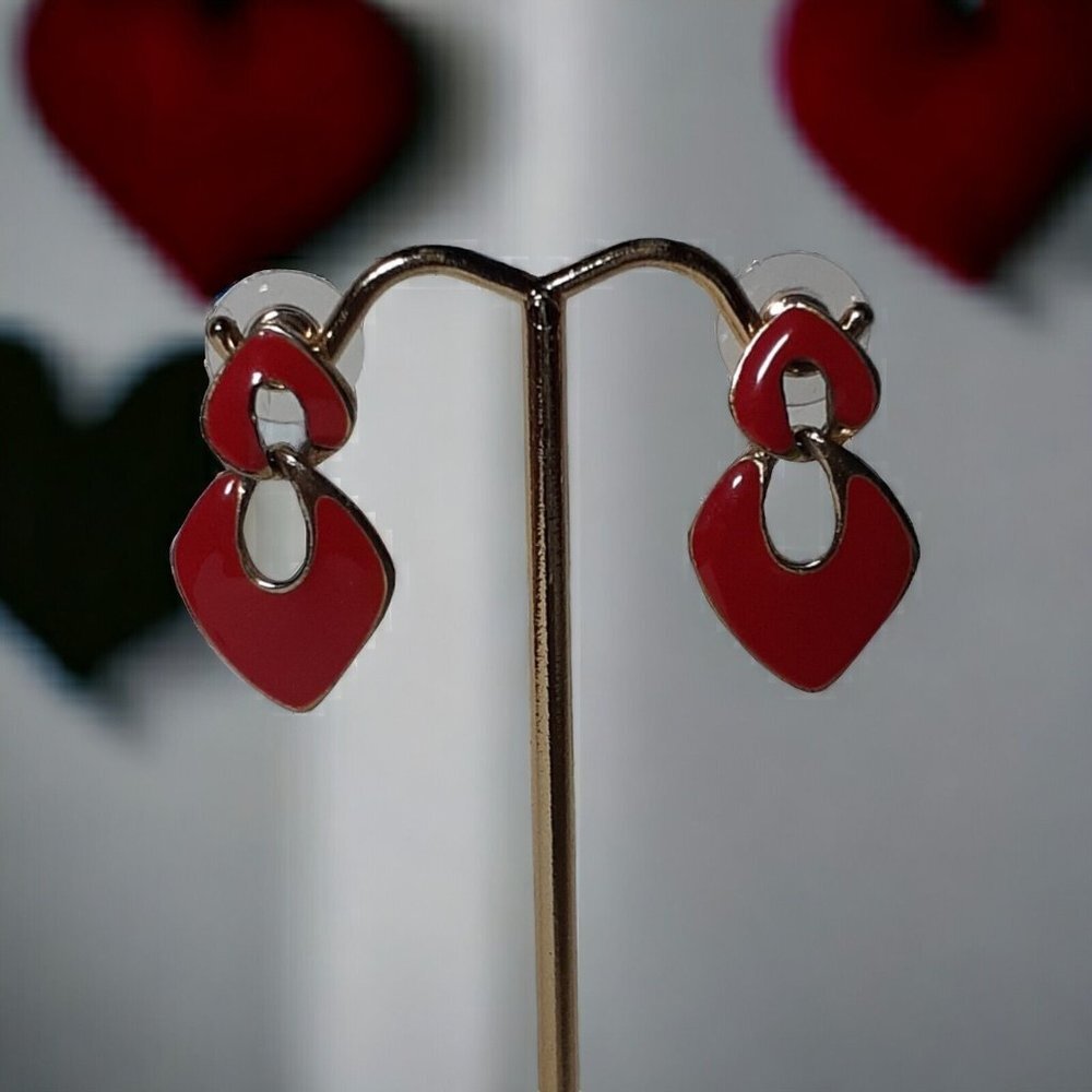 Pierced Stud Earrings Gold Tone Red Enamled Dangle Drop Valentines Christmas